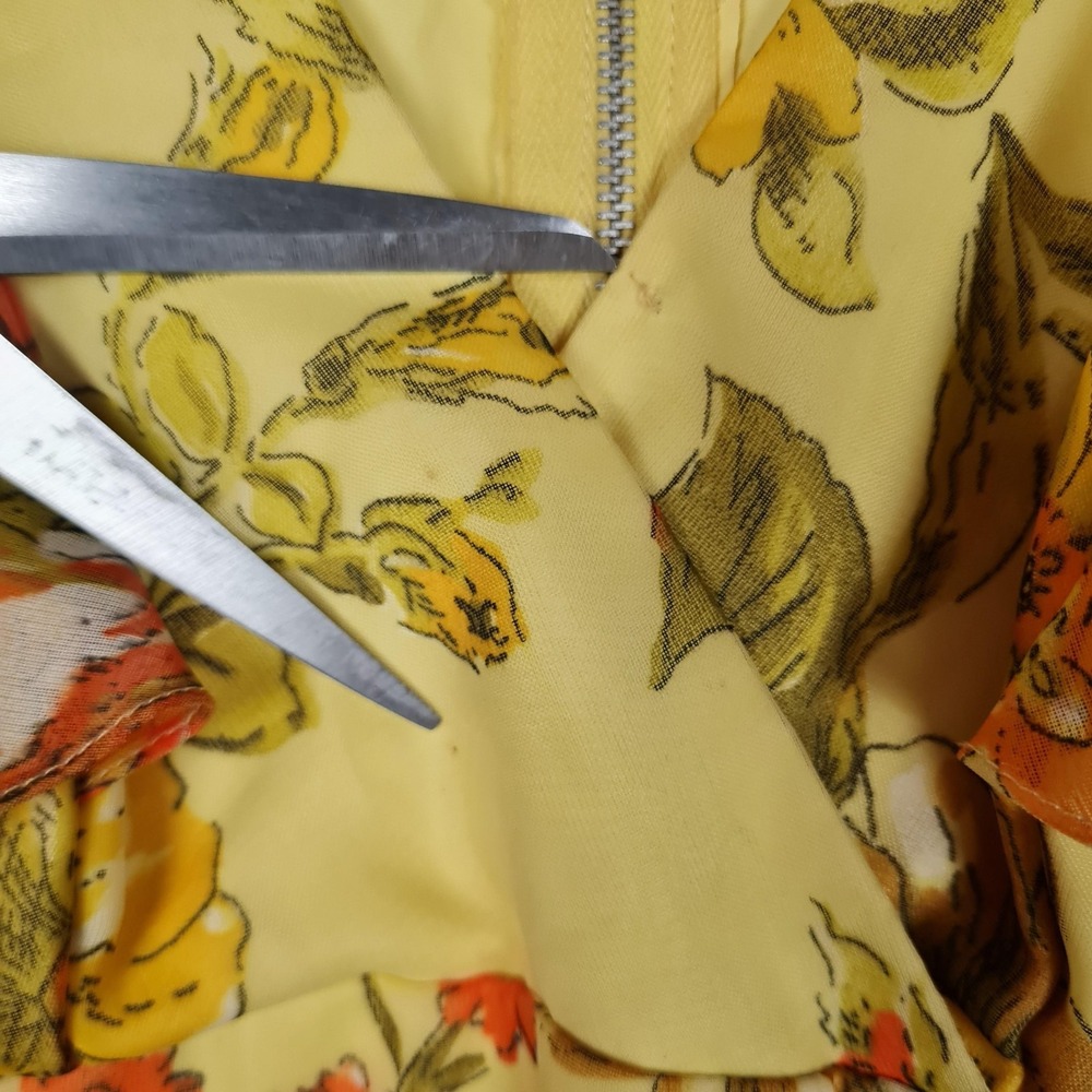 Vntg Floral Dress Jacket Womens 12 Yellow Chiffon Maxi 70s Mod Flutter Sleeve - Picture 6 of 16